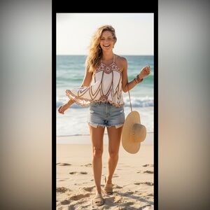 Free People White and Brown Boho Blouse